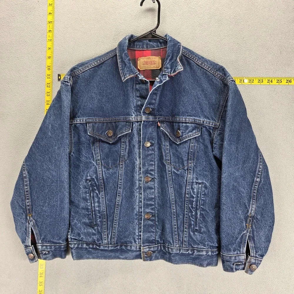 Vintage 80s Levi's 57510-0516 Denim Trucker Jacket Large USA Made Plaid Lined